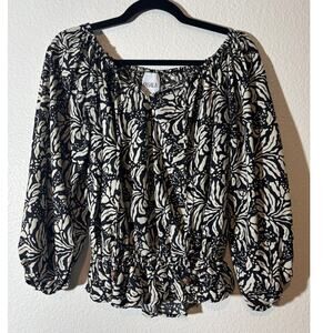 Masala Women's Blouse Size M Black Cream Floral Balloon Sleeves Off-Shoulder